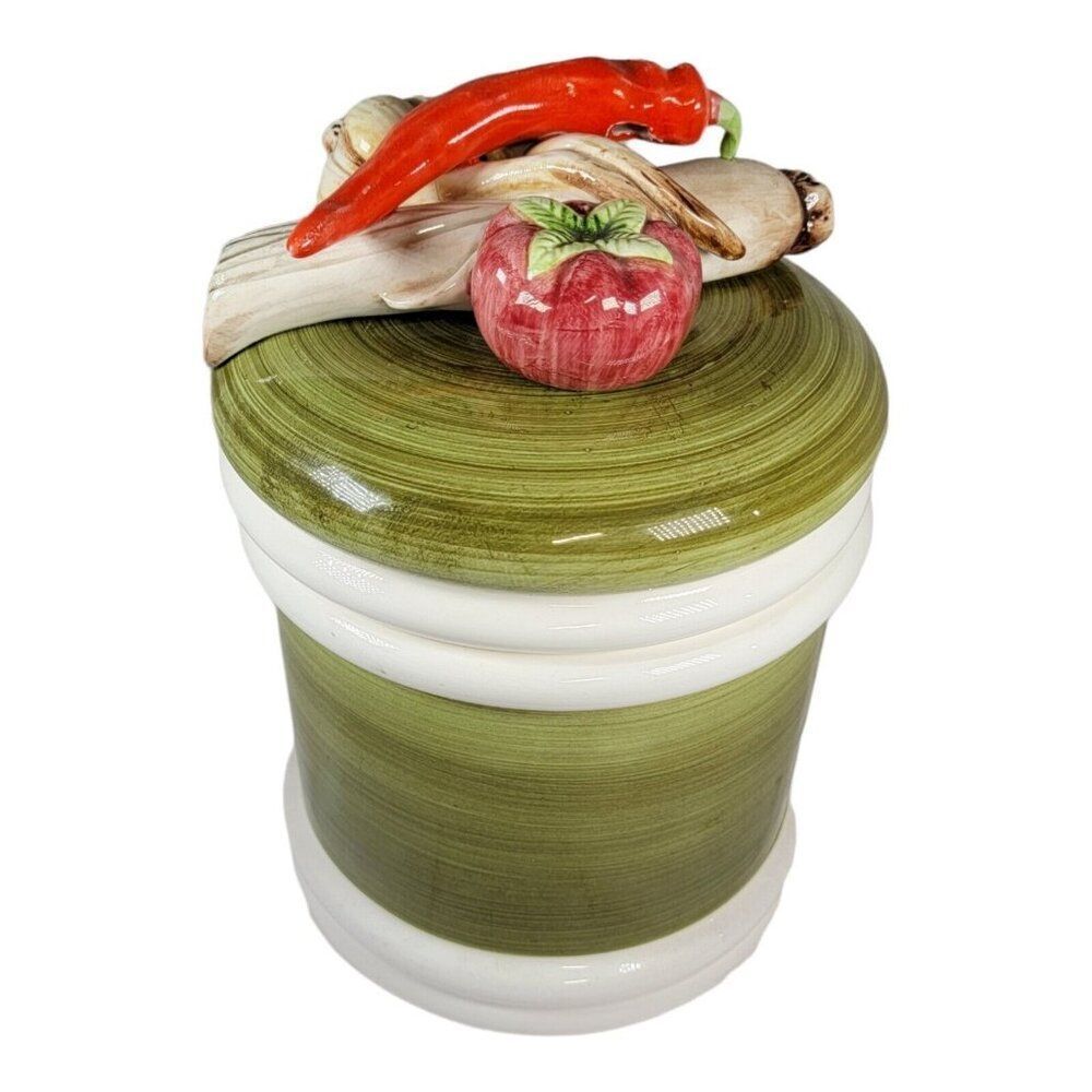 Mid Century Garden Harvest Canister with Lid 7" Hand-Painted Onion Pepper VTG